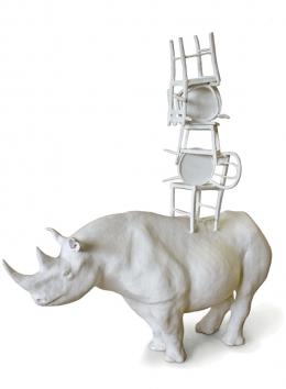 rhino with chair, white painted bronze